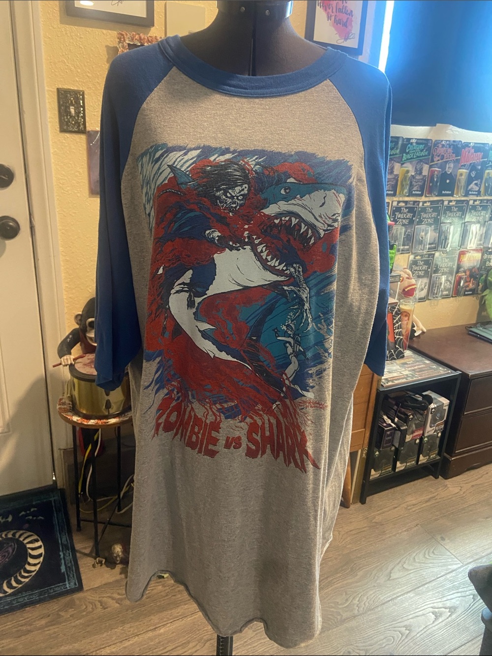 Zombie vs Shark Graphic Fright Rags Raglan Shirt - Blue/Grey